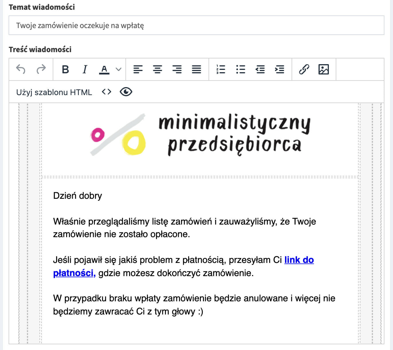 Wiadomosc nieoplacone zamowienie salescrm